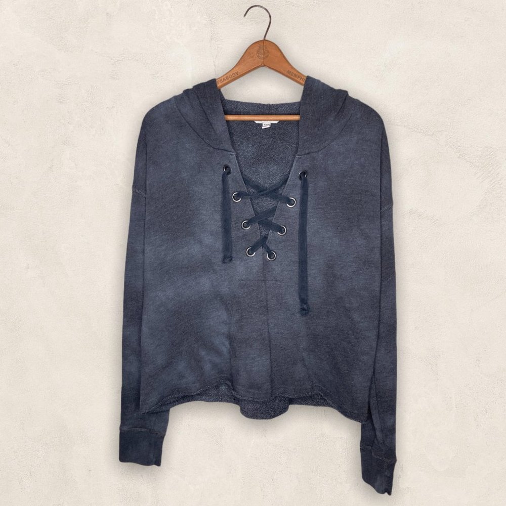 American Eagle Medium M Gray Black Tie Dye Lace Up Crop Terry Hoodie Sweater